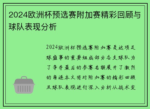 2024欧洲杯预选赛附加赛精彩回顾与球队表现分析