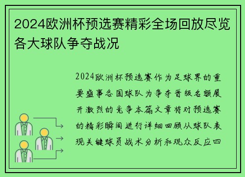 2024欧洲杯预选赛精彩全场回放尽览各大球队争夺战况