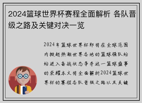 2024篮球世界杯赛程全面解析 各队晋级之路及关键对决一览