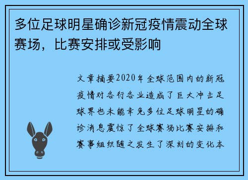 多位足球明星确诊新冠疫情震动全球赛场，比赛安排或受影响